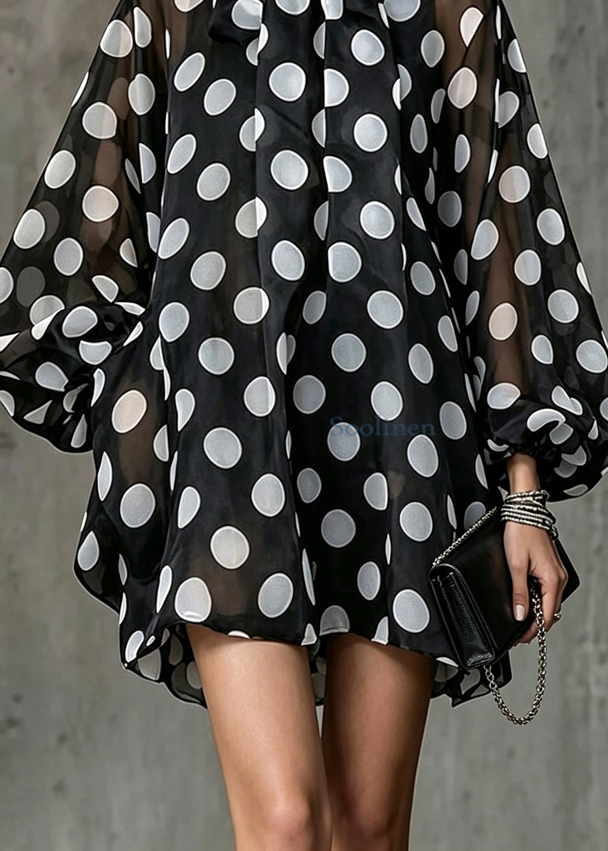 Fashion Black Dot Bow Collar Mini Dresses Lantern Sleeve