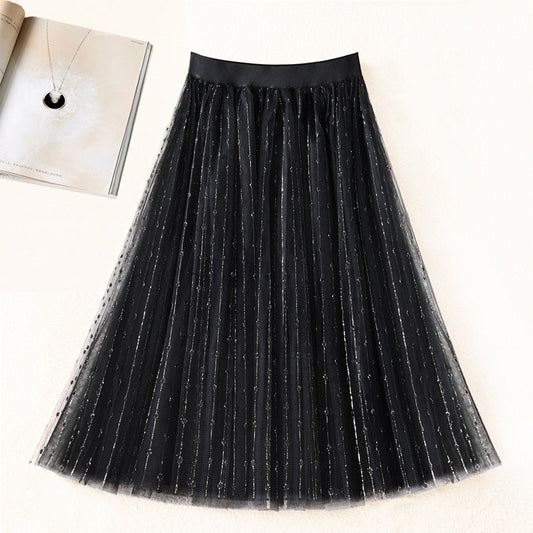 Fashion Black Elastic Waist tulle Pleated Skirt Summer