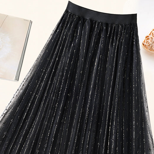 Mode Schwarz Elastische Taille tüll Plissee Rock Sommer