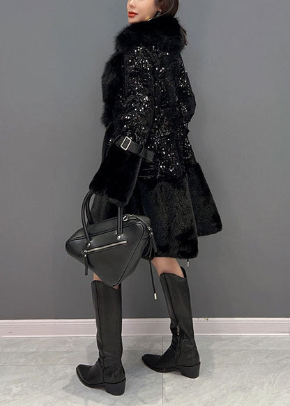 Mode Schwarz Pelz Kragen Pailletten Patchwork Taschen Leder Und Pelz Mäntel Winter