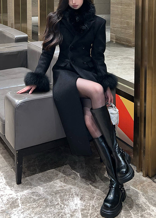 Fashion Black Fur Patchwork Woolen Fine Cotton Filled Coat Winter