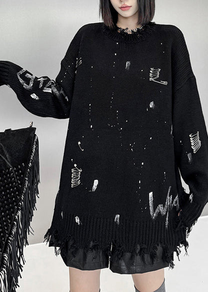 Fashion Black Graphic Hole Thick Cotton Knit Sweater Fall