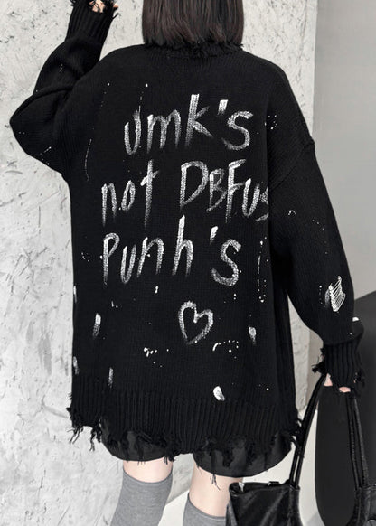 Fashion Black Graphic Hole Thick Cotton Knit Sweater Fall