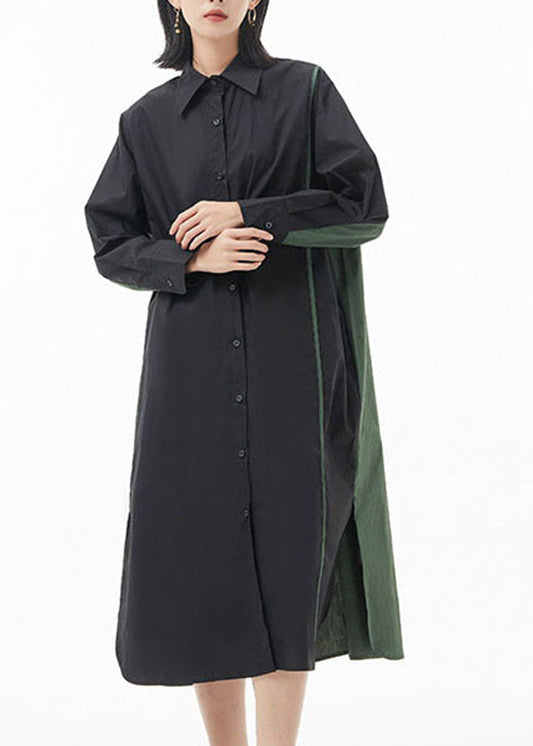 Mode Schwarz Grün Peter Pan Kragen taste seite offen Patchwork hemd Kleid Frühling