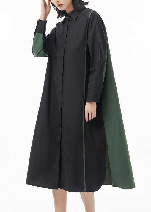Mode Schwarz Grün Peter Pan Kragen taste seite offen Patchwork hemd Kleid Frühling