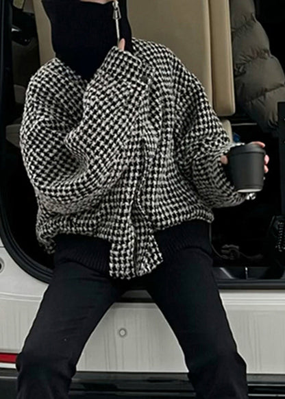 Chaqueta de lana a cuadros con cuello alto y cremallera negra de moda para invierno
