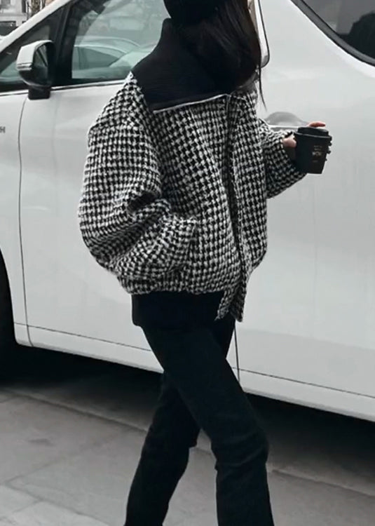 Chaqueta de lana a cuadros con cuello alto y cremallera negra de moda para invierno