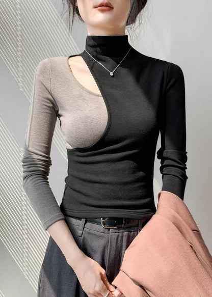 Camiseta de algodón con cuello alto y retazos calados de color negro a la moda para primavera