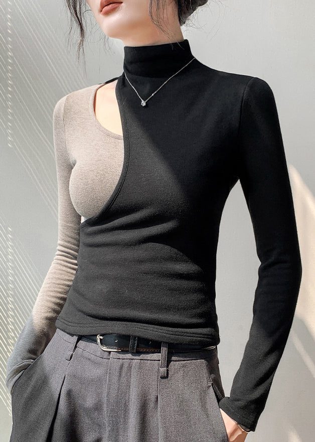 Camiseta de algodón con cuello alto y retazos calados de color negro a la moda para primavera