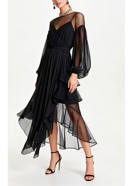 Fashion Black Hollow Out Patchwork Tulle Chiffon Party Dresses Summer