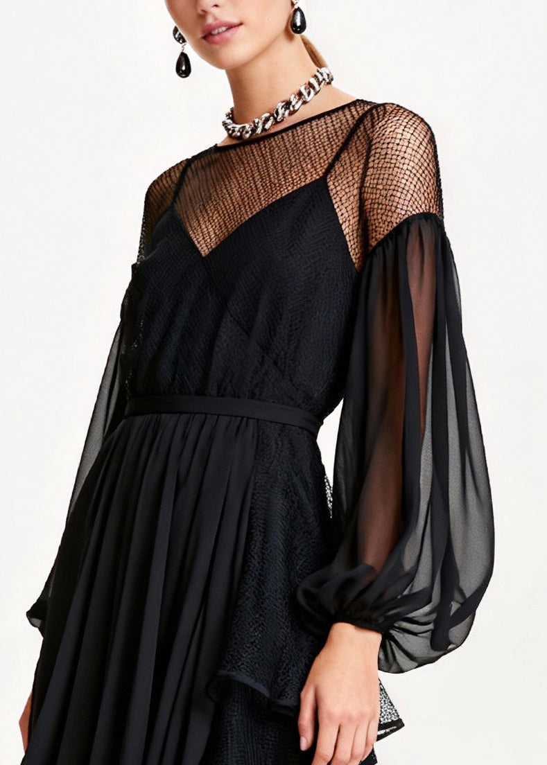 Fashion Black Hollow Out Patchwork Tulle Chiffon Party Dresses Summer