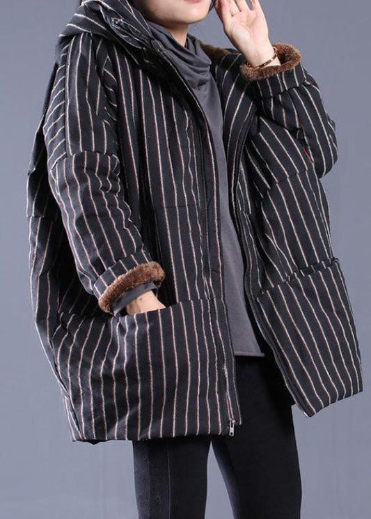 Mode Schwarz Kapuzen Gestreift Feine Baumwolle Gefüllt Puffer Jacke Winter