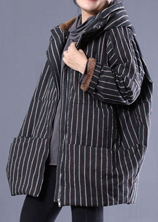 Mode Schwarz Kapuzen Gestreift Feine Baumwolle Gefüllt Puffer Jacke Winter