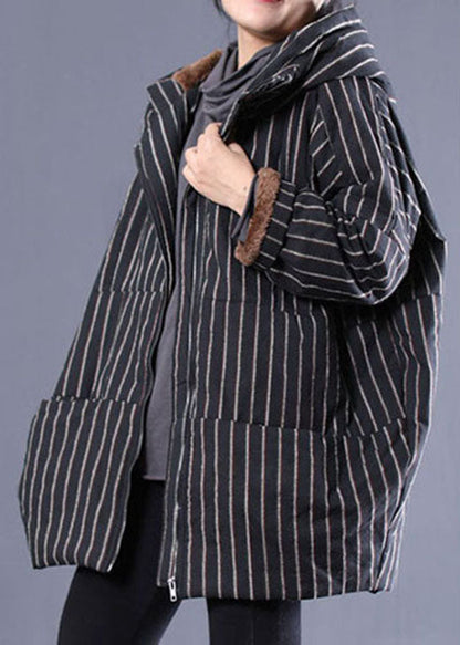 Mode Schwarz Kapuzen Gestreift Feine Baumwolle Gefüllt Puffer Jacke Winter