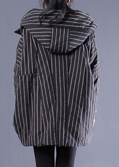 Mode Schwarz Kapuzen Gestreift Feine Baumwolle Gefüllt Puffer Jacke Winter