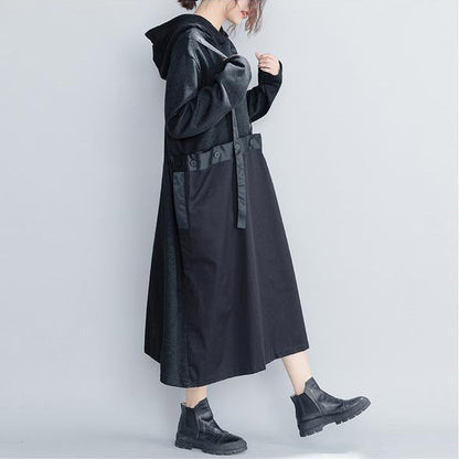 Mode Schwarz Hoodie Gesteppte Maxi Kleider Frauen Lose Kleidung