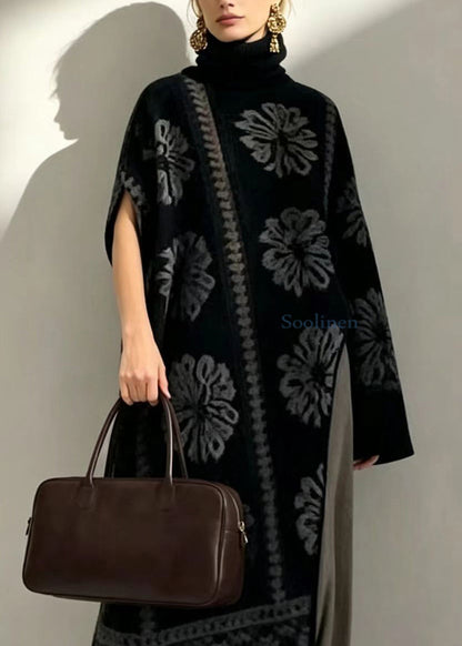 Fashion Black Jacquard Turtleneck Asymmetrical Knitwear Dress Fall