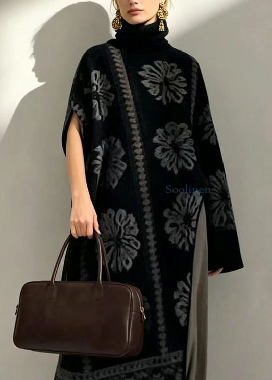 Fashion Black Jacquard Turtleneck Asymmetrical Knitwear Dress Fall