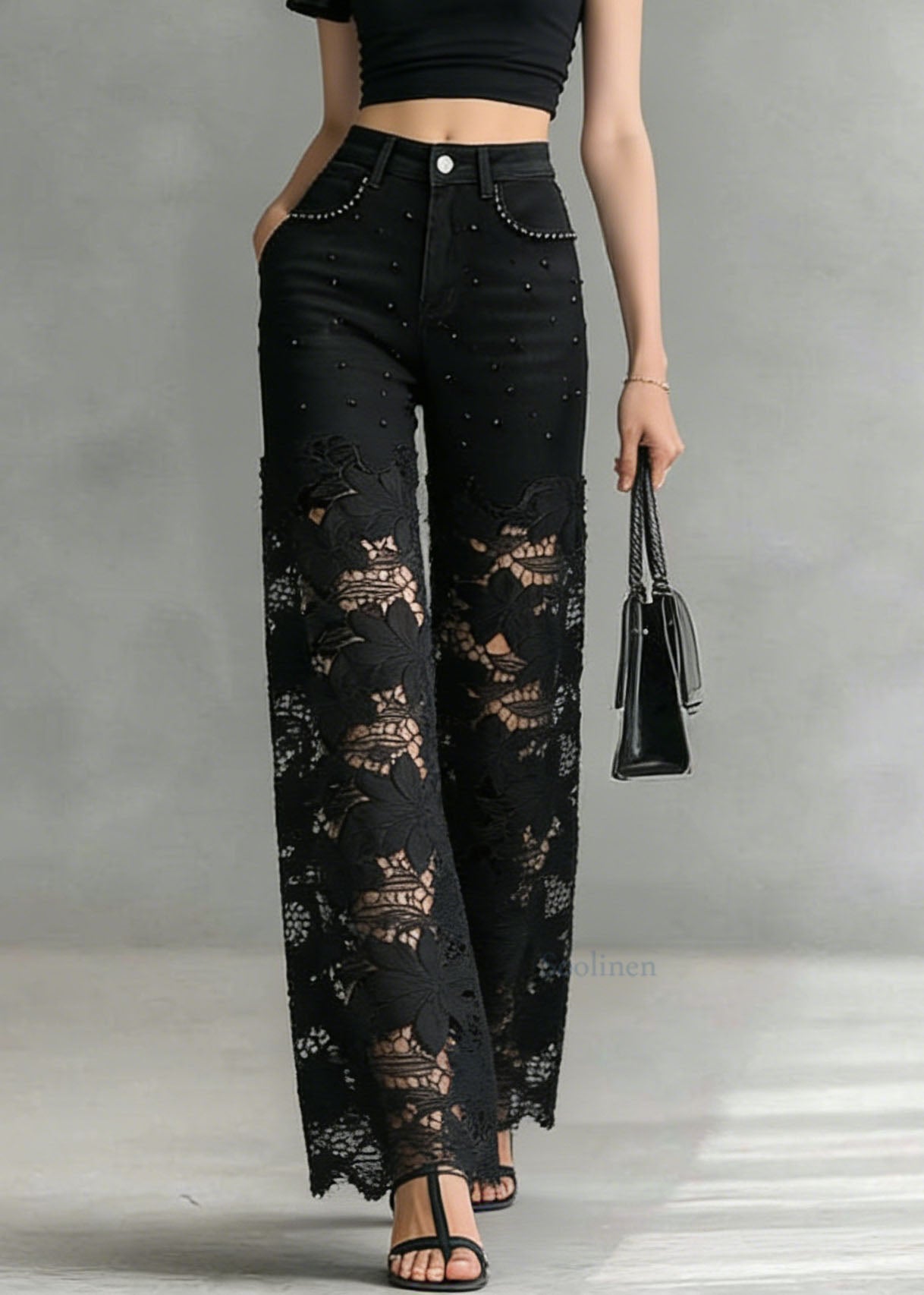 Fashion Black Lace Hollow Out Nail Bead Denim Pants Summer