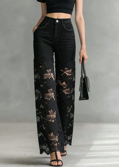 Fashion Black Lace Hollow Out Nail Bead Denim Pants Summer
