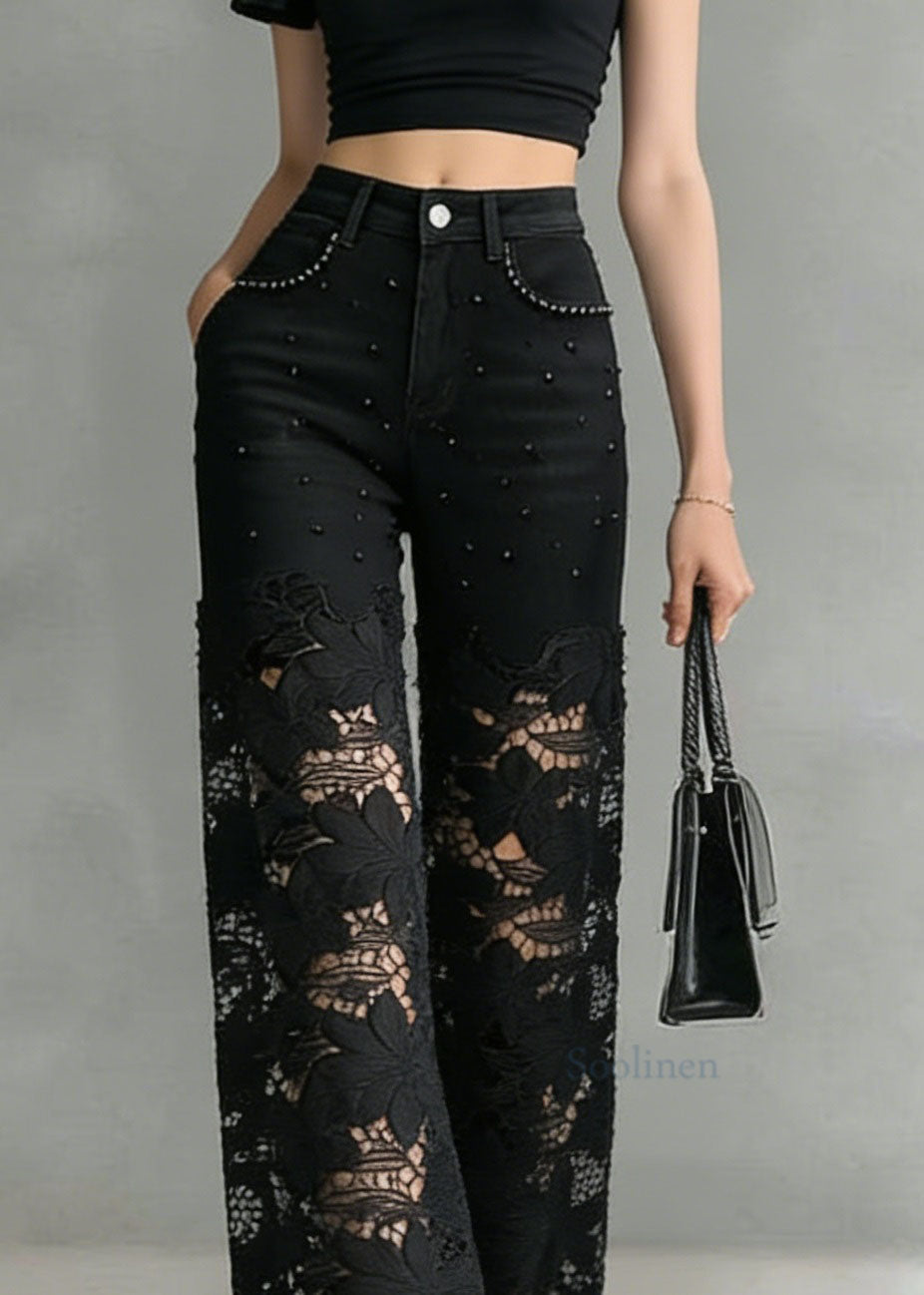 Fashion Black Lace Hollow Out Nail Bead Denim Pants Summer