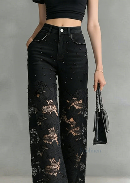 Fashion Black Lace Hollow Out Nail Bead Denim Pants Summer