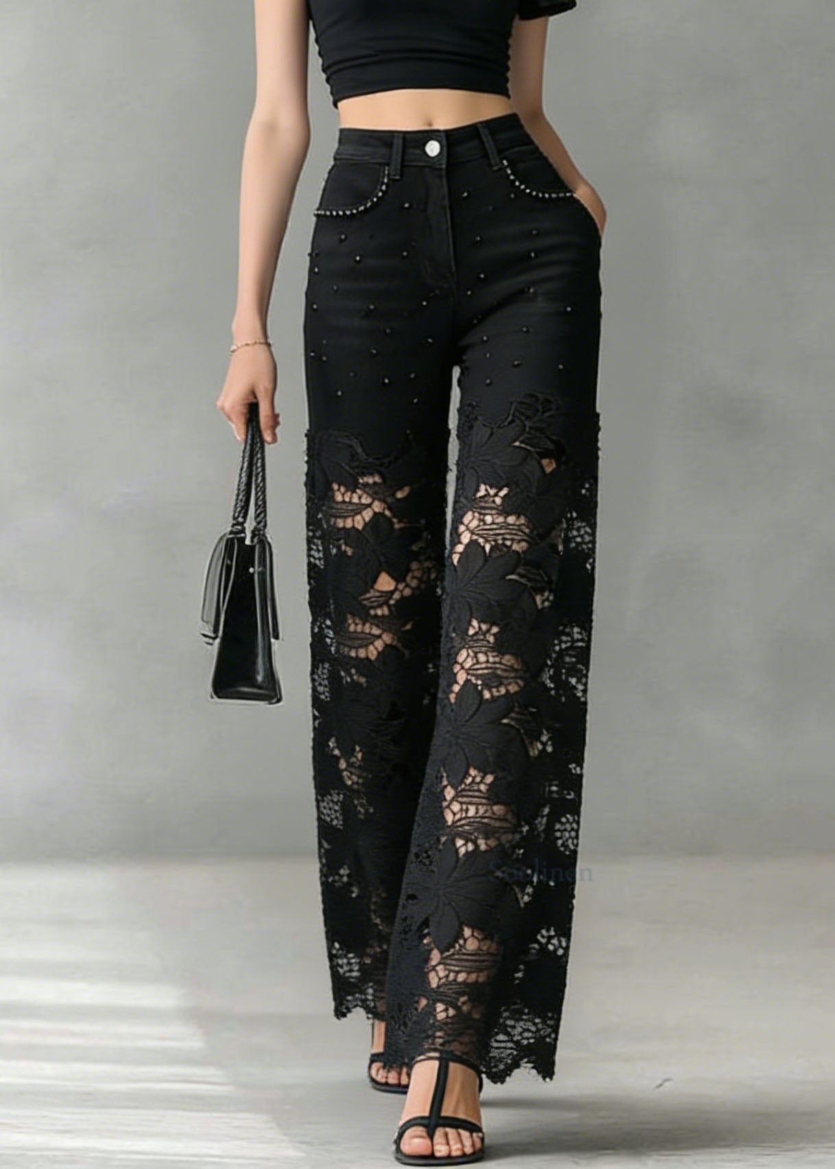 Fashion Black Lace Hollow Out Nail Bead Denim Pants Summer