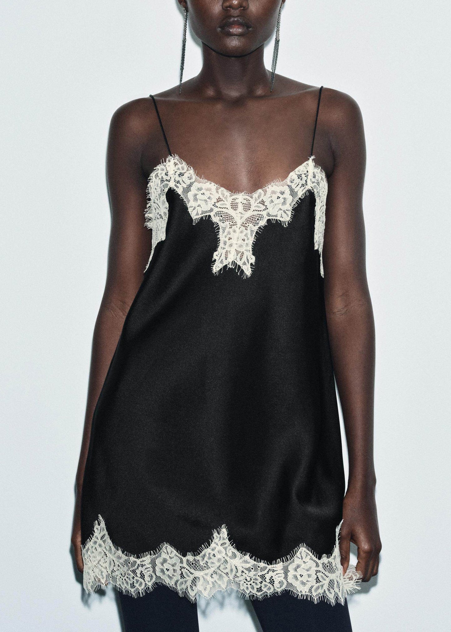 Fashion Black Lace Patchwork Silk Spaghetti Strap Top Summer