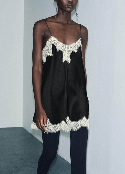 Fashion Black Lace Patchwork Silk Spaghetti Strap Top Summer