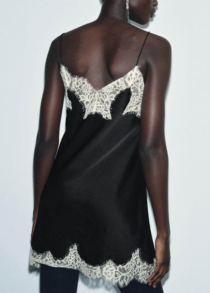 Fashion Black Lace Patchwork Silk Spaghetti Strap Top Summer
