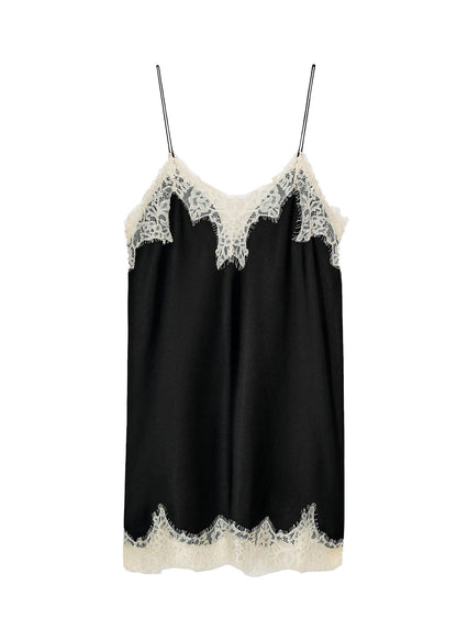 Fashion Black Lace Patchwork Silk Spaghetti Strap Top Summer