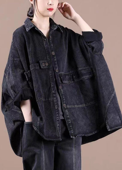 Mode Schwarz Lose Knopf Patchwork asymmetrische design Herbst Denim Langarm Bluse Tops