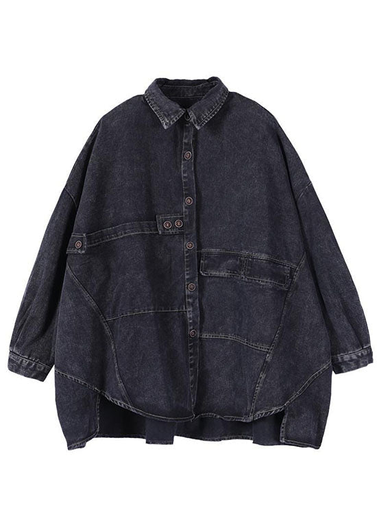 Mode Schwarz Lose Knopf Patchwork asymmetrische design Herbst Denim Langarm Bluse Tops