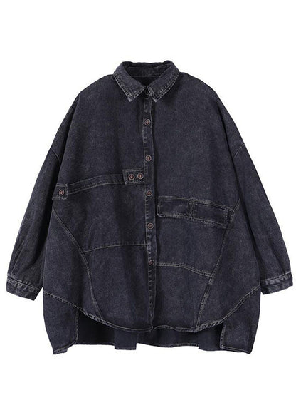 Mode Schwarz Lose Knopf Patchwork asymmetrische design Herbst Denim Langarm Bluse Tops