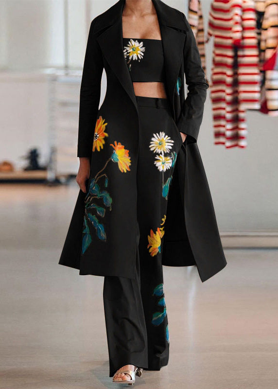 Fashion Black Notched Print Coats ,Tube Top And Pants Three Pieces Set Spring