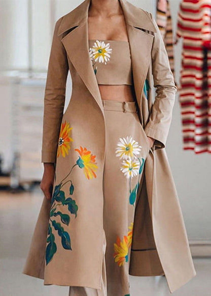 Fashion Black Notched Print Coats ,Tube Top And Pants Three Pieces Set Spring