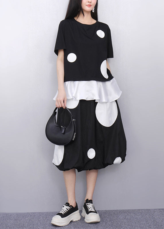 Fashion Black O-Neck Dot Top And Skirts Two Pieces Set Short Sleeve