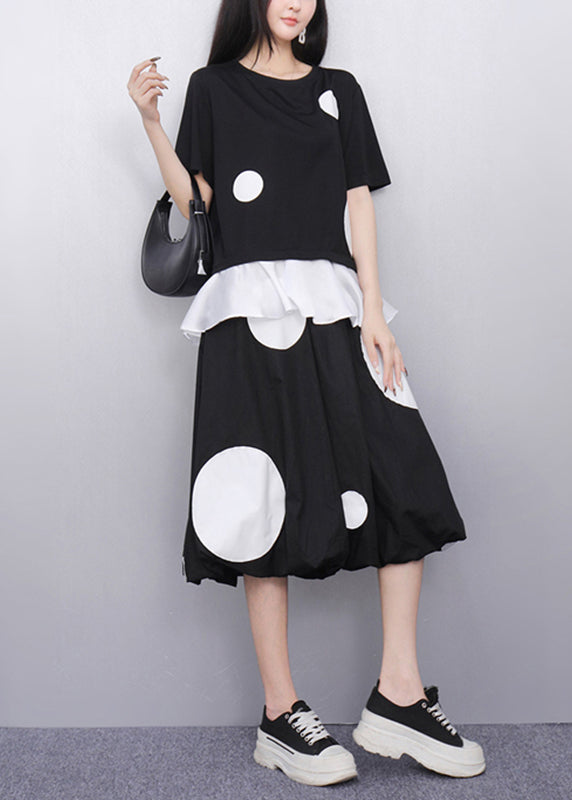 Fashion Black O-Neck Dot Top And Skirts Two Pieces Set Short Sleeve