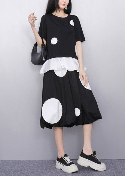 Fashion Black O-Neck Dot Top And Skirts Two Pieces Set Short Sleeve