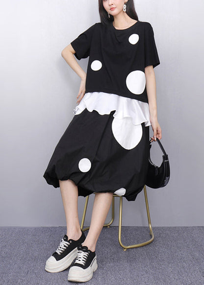 Fashion Black O-Neck Dot Top And Skirts Two Pieces Set Short Sleeve