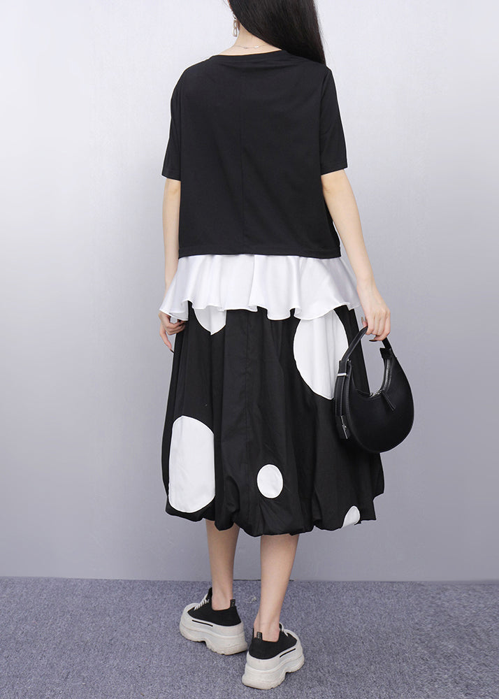 Fashion Black O-Neck Dot Top And Skirts Two Pieces Set Short Sleeve