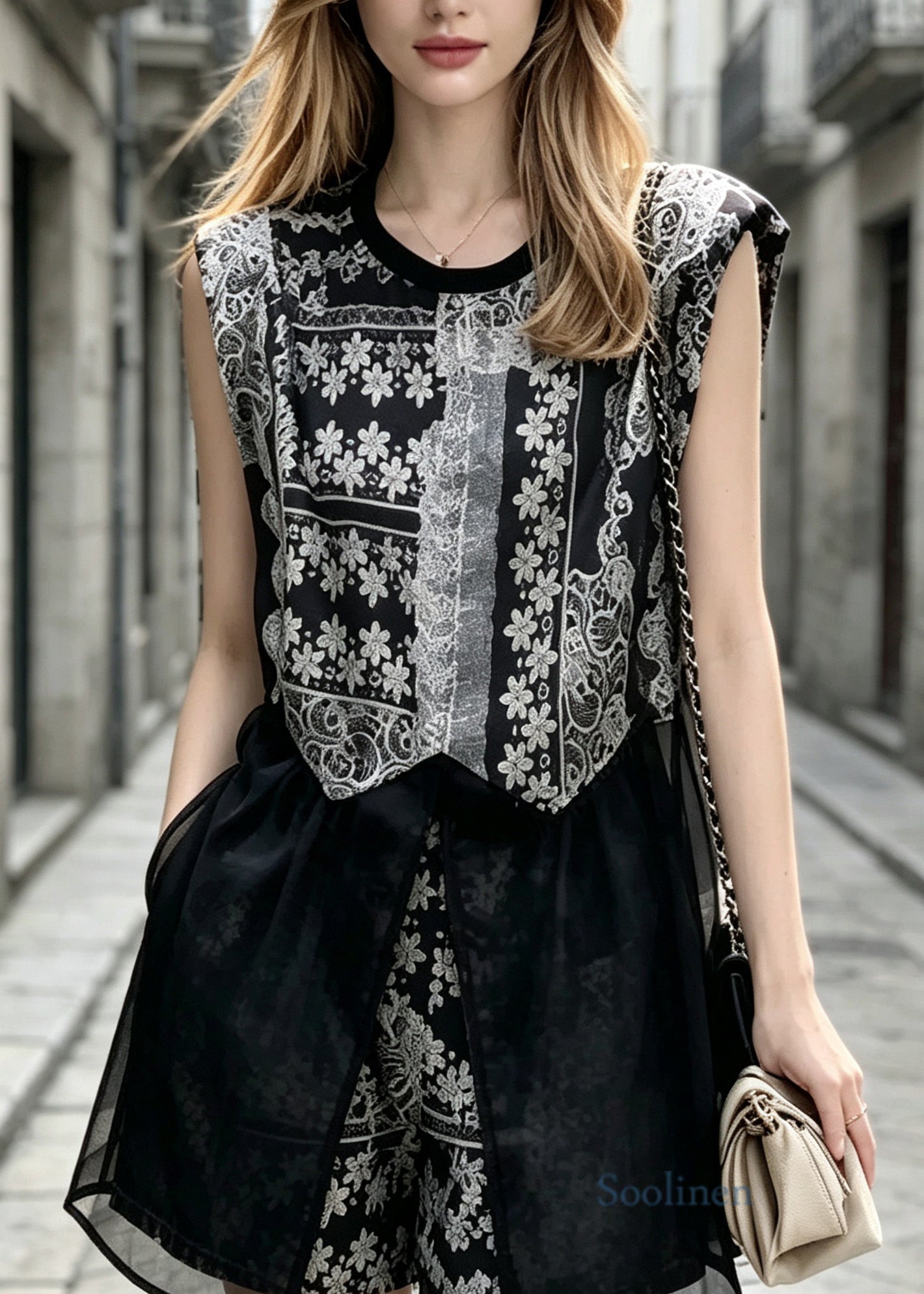 Fashion Black O Neck Print Tulle Two Piece Set Outfits Sleeveless