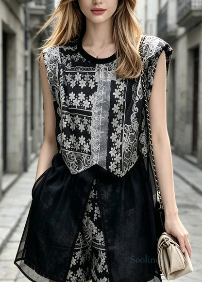 Fashion Black O Neck Print Tulle Two Piece Set Outfits Sleeveless