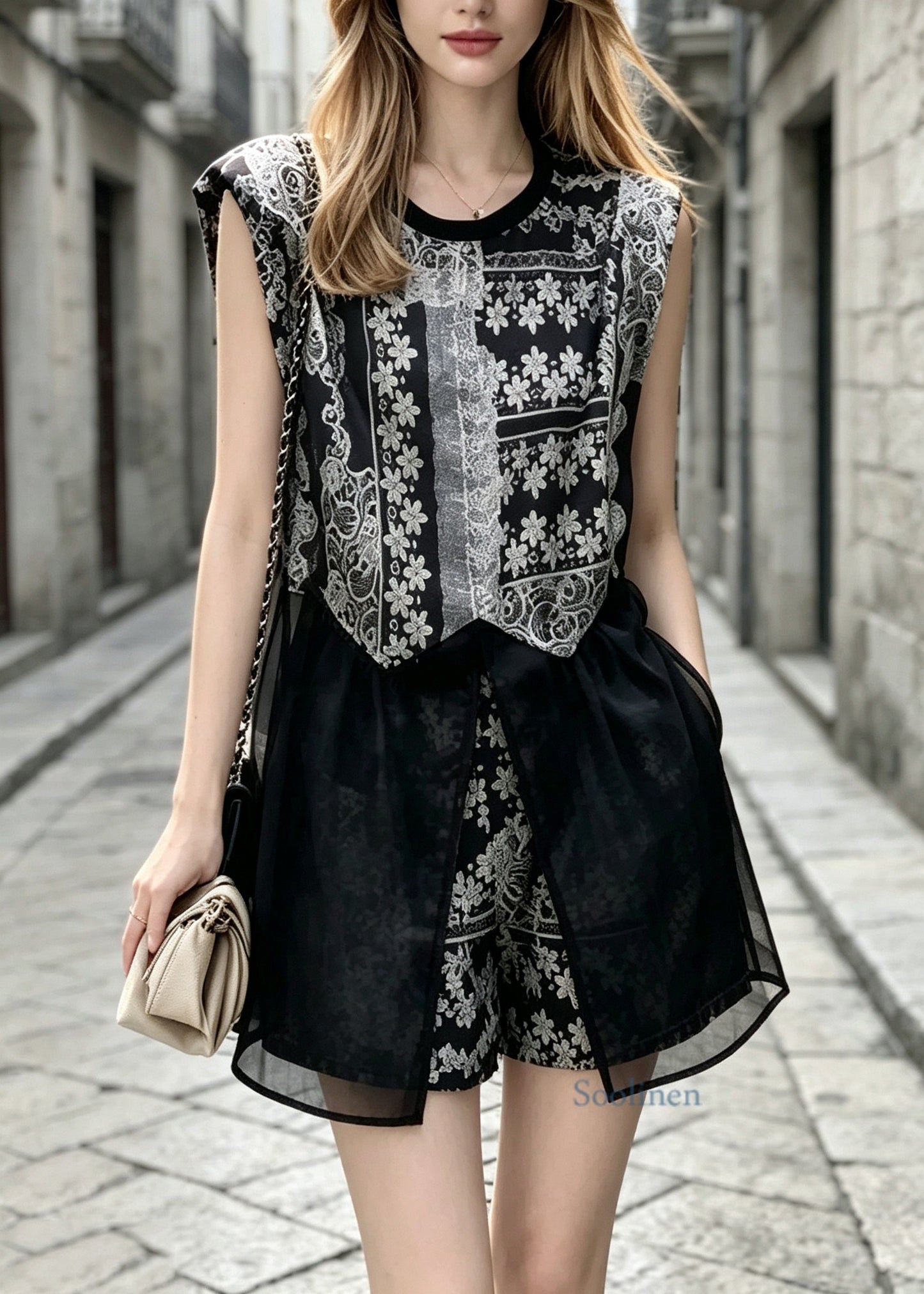 Fashion Black O Neck Print Tulle Two Piece Set Outfits Sleeveless