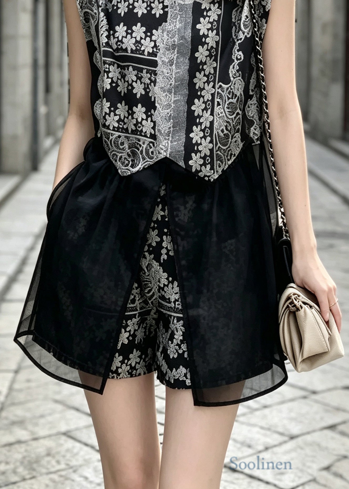 Fashion Black O Neck Print Tulle Two Piece Set Outfits Sleeveless