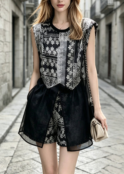 Fashion Black O Neck Print Tulle Two Piece Set Outfits Sleeveless