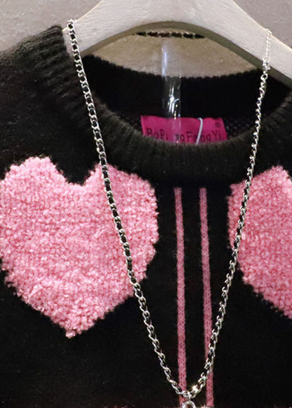 Mode Schwarz Übergroßen Liebenden Herz Jacquard Lange Strick Kleid Winter