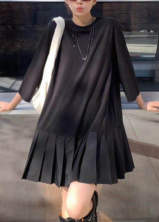 Fashion Black Oversized Patchwork Cotton Pleated Dress Bracelet Sleeve