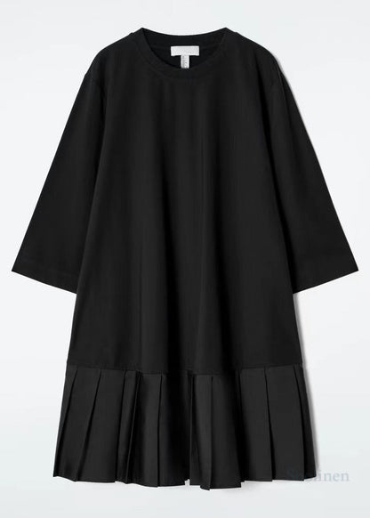 Fashion Black Oversized Patchwork Cotton Pleated Dress Bracelet Sleeve