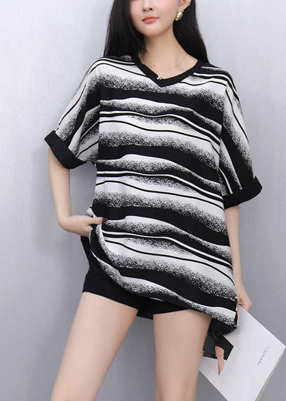 Fashion Black Oversized Striped Chiffon Tops Summer